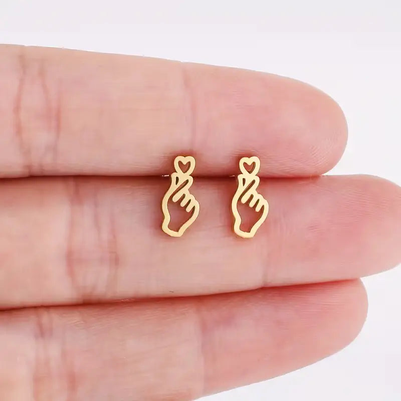 Heart Outline Hand Stud Earrings – 304 Stainless Steel Minimalist Earrings for Women, Cute Everyday Jewelry