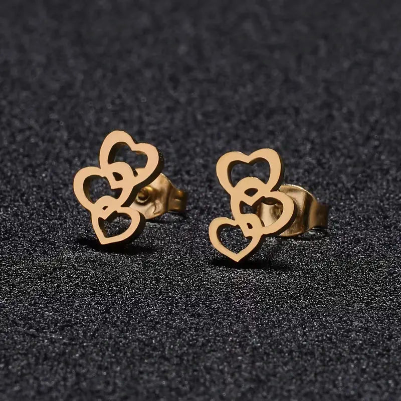 Triple Heart Stainless Steel Stud Earrings – Cute Minimalist Love Jewelry for Everyday Romantic Style
