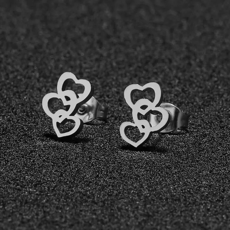Triple Heart Stainless Steel Stud Earrings – Cute Minimalist Love Jewelry for Everyday Romantic Style