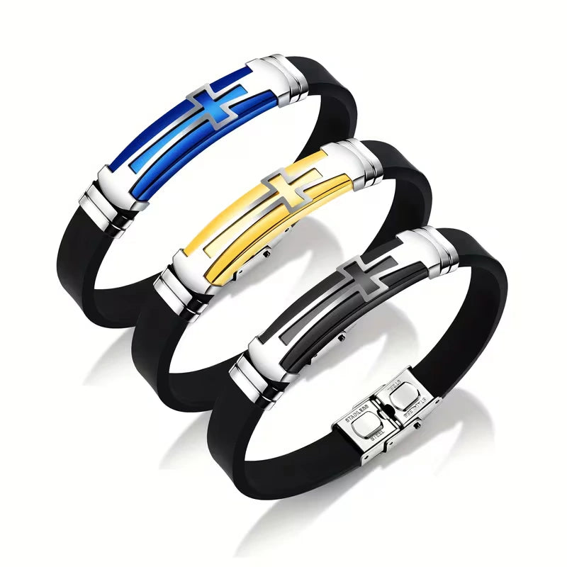 Cross Silicone Bracelet with Modern Stainless Steel Style