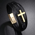 Layered Cross Leather Bracelet with Modern Woven Style