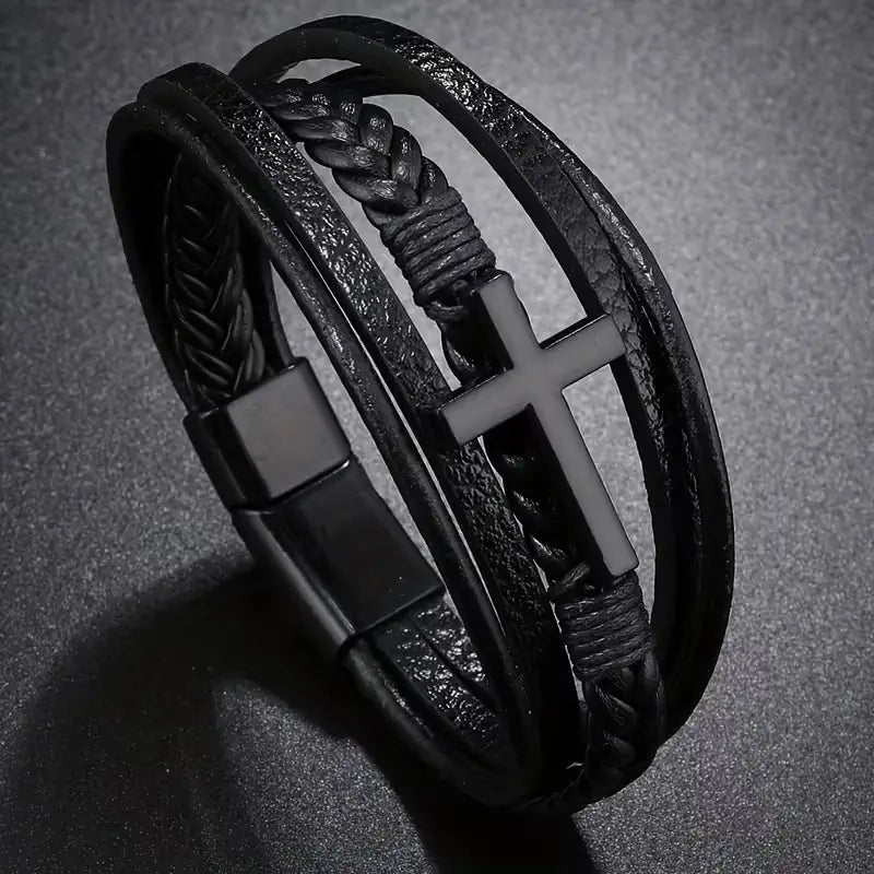 Layered Cross Leather Bracelet with Modern Woven Style