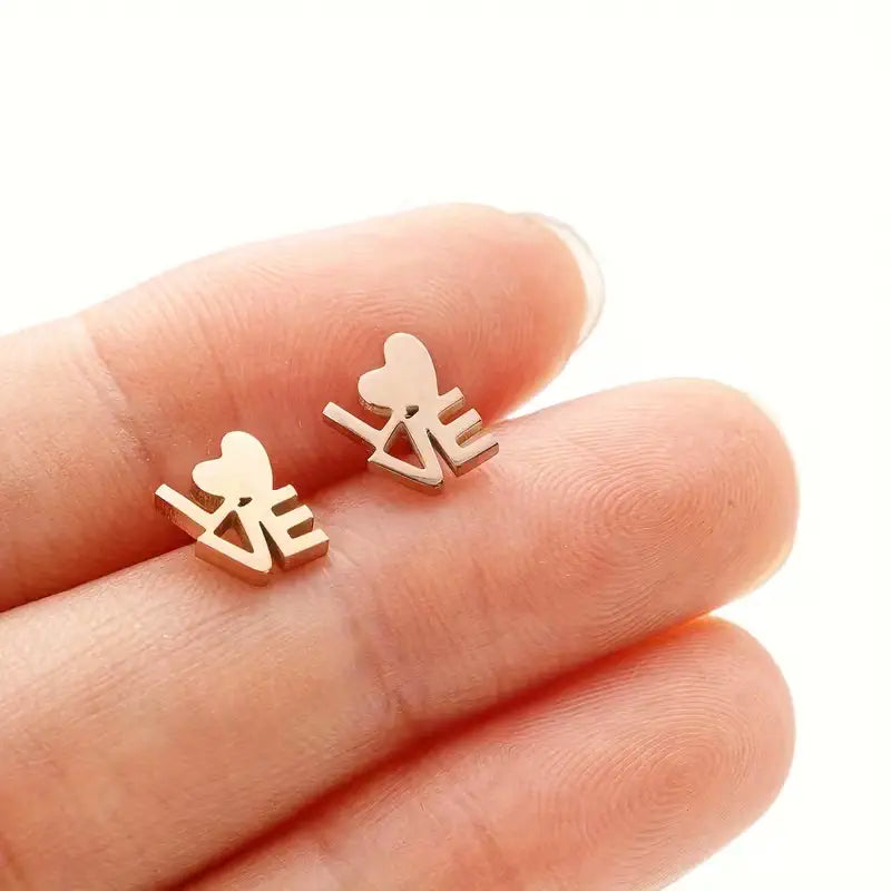 Stainless Steel LOVE Heart Stud Earrings – Cute Minimalist Letter Jewelry for Everyday Romantic Style