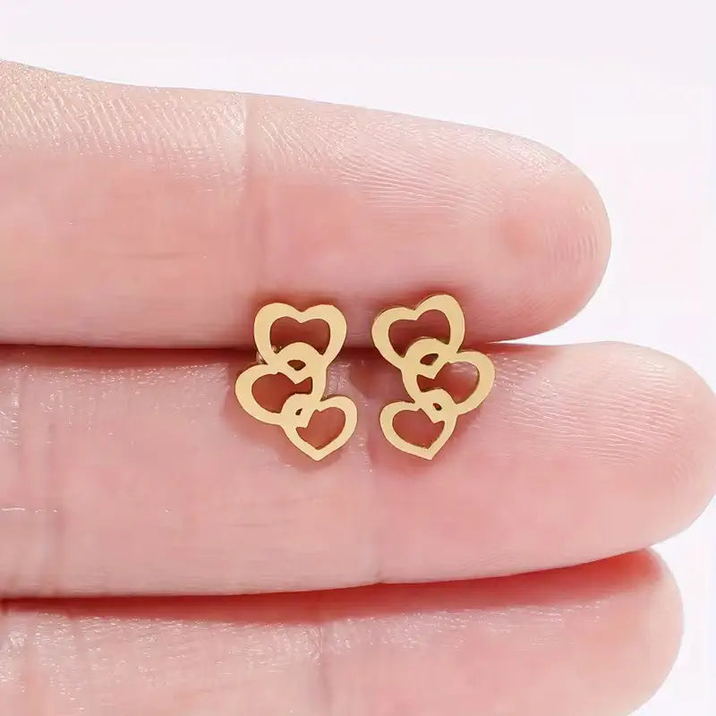Triple Heart Stainless Steel Stud Earrings – Cute Minimalist Love Jewelry for Everyday Romantic Style