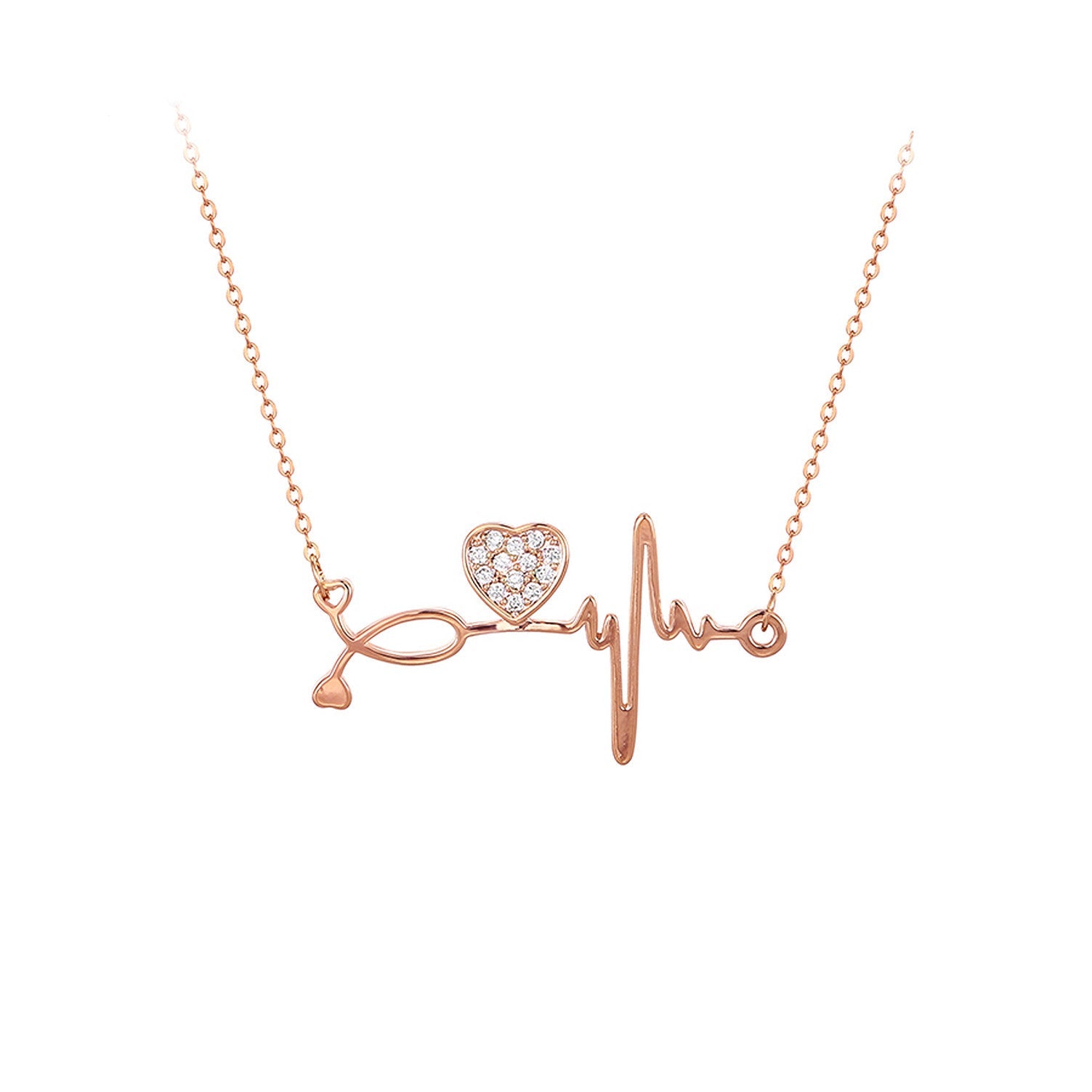 Pave CZ Heart And Heartbeat Necklace Rose Gold Yellow Gold Rhodium