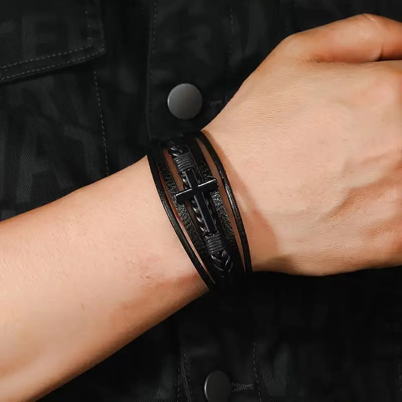 Layered Cross Leather Bracelet with Modern Woven Style