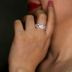 Round Cut CZ Halo Eternity Sterling Silver Ring
