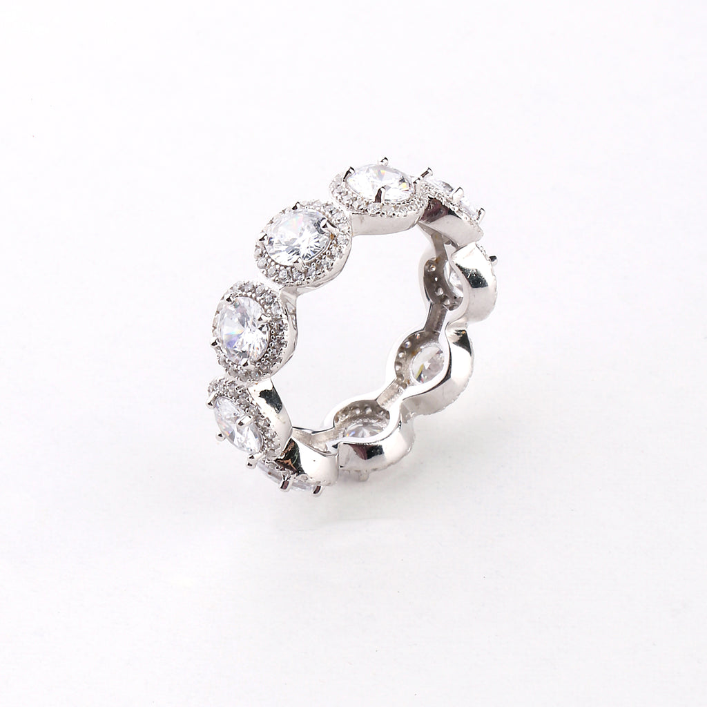 Round Cut CZ Halo Eternity Sterling Silver Ring