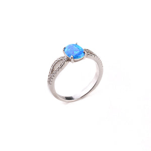 Blue/White Oval Opal with Paved Ribbon CZ Sterling Silver Ring