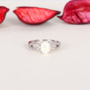 Blue/White Oval Opal with Paved Ribbon CZ Sterling Silver Ring