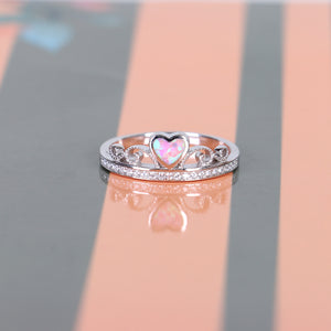 Heart Opal Tiara Accenetd With CZ Sterling SIlver Ring