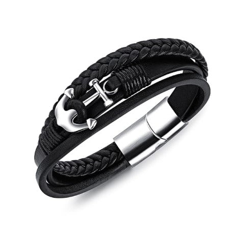 Multi-Corded Anchor Leather Bracelet with Titanium Steel Clasp