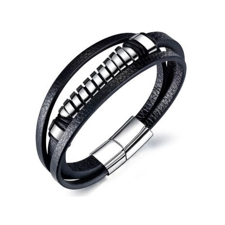 Multiple Hoops & Cord Leather Bracelet with Stainless Steel Clasp