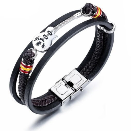 Spanish Guitar Multi-Cord Leather Bracelet with Stainless Steel Clasp