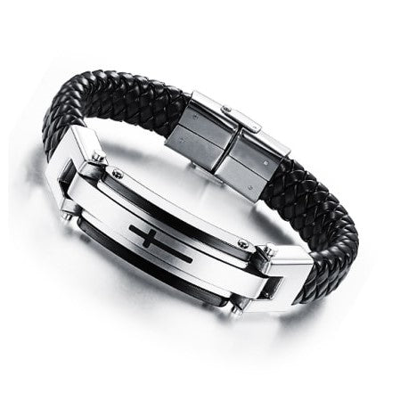 Stainless Steel Cross Leather Woven Bracelet