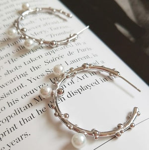 Leafy Fresh Water Pearl Sterling Silver Post Tube Hoop Earrings