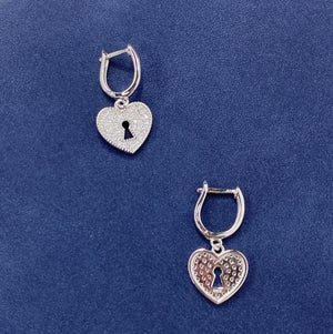 Paved CZ Heart Lock Leverback Sterling Silver Earrings