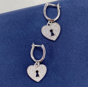 Paved CZ Heart Lock Leverback Sterling Silver Earrings