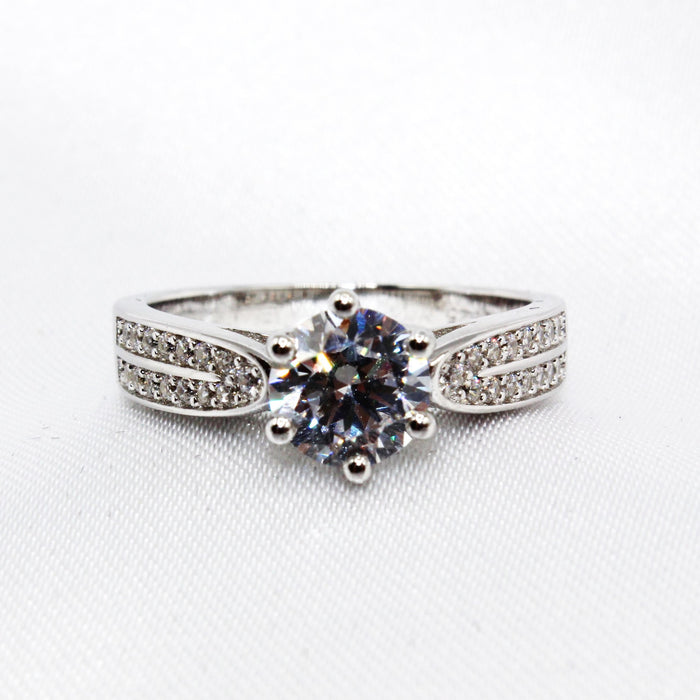Round Solitaire with Double Paved CZ Band Sterling Silver Ring