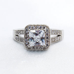 Cushion Cut Halo with Side Stones and Split Shank CZ Sterling Silver Ring