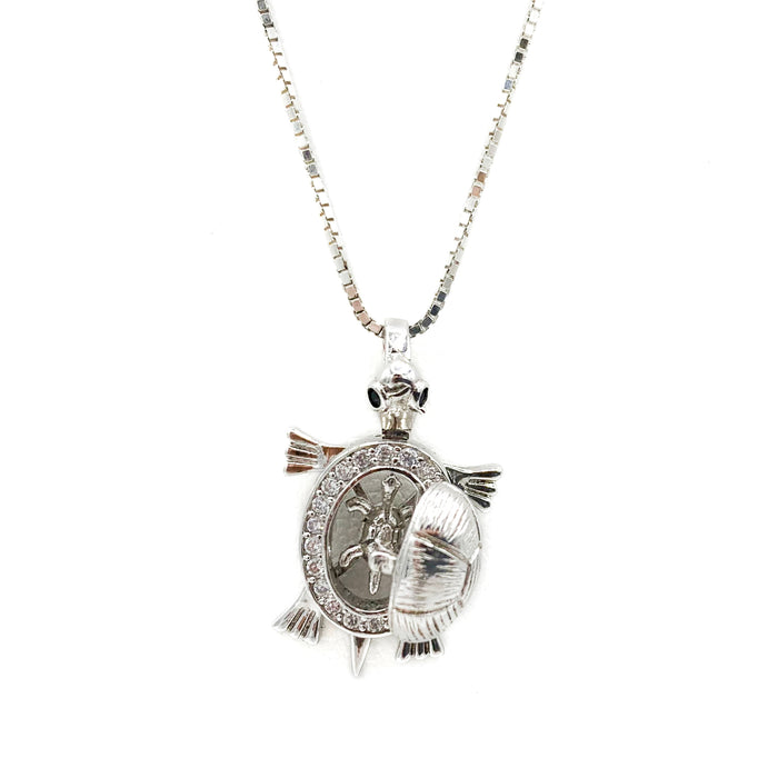 Movable Mother & Baby Turtle Locket Sterling Silver Necklace