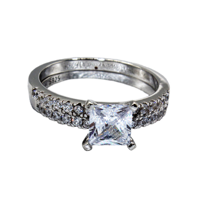 Square Prong Setting with Traditional Paved CZ Duo Set Sterling Silver Ring