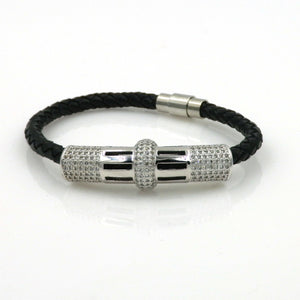 Rhodium CZ Centerpiece Braided Leather Bracelet