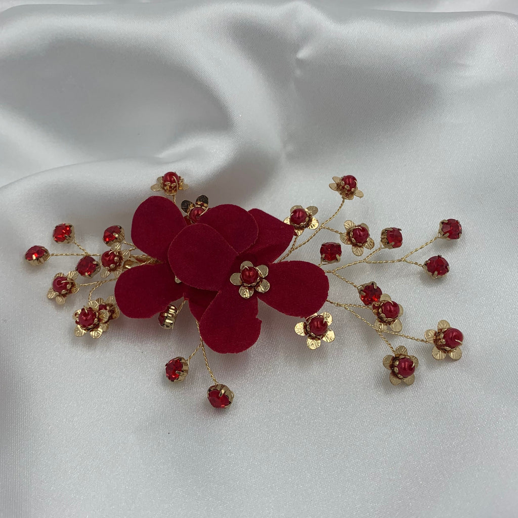 Red Crystal Flower Pearl Hair Clip