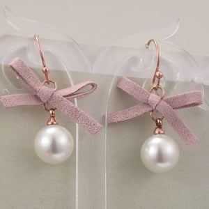 Rose Gold Titanium Leather Bow & Pearl Dangling Earrings