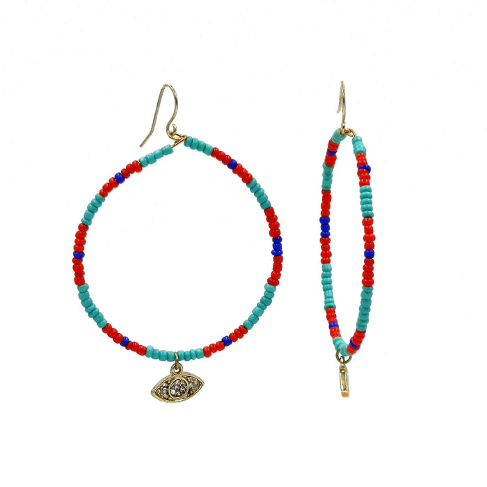 Multi-color Small Beads with Evil Eye Hoop Earrings