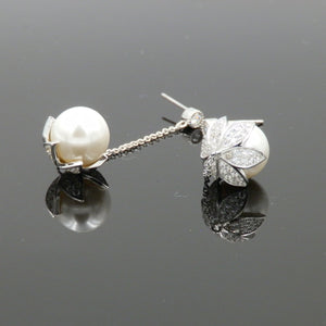 Rhodium CZ Leaves Wrapped Pearl Dangling Earrings