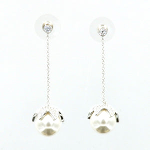 Rhodium CZ Leaves Wrapped Pearl Dangling Earrings