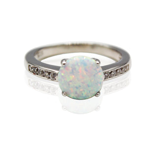 1.5 carat Round Opal with Basket Paved CZ Sterling Silver Ring