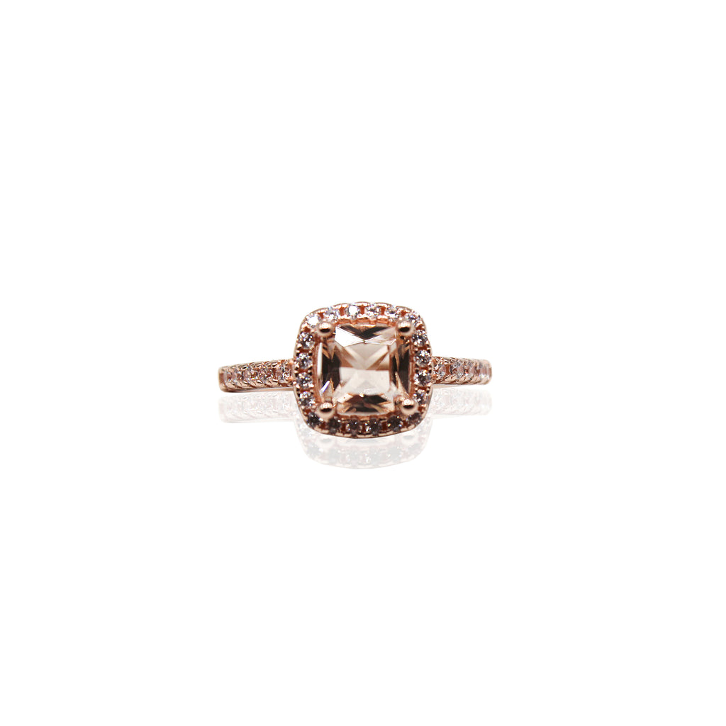 Morganite Cushion Cut Halo Paved CZ Rose Gold Plated Sterling Silver Ring