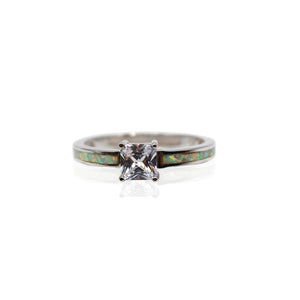 Square Solitaire CZ with Half Eternity Opal Sterling Silver Ring