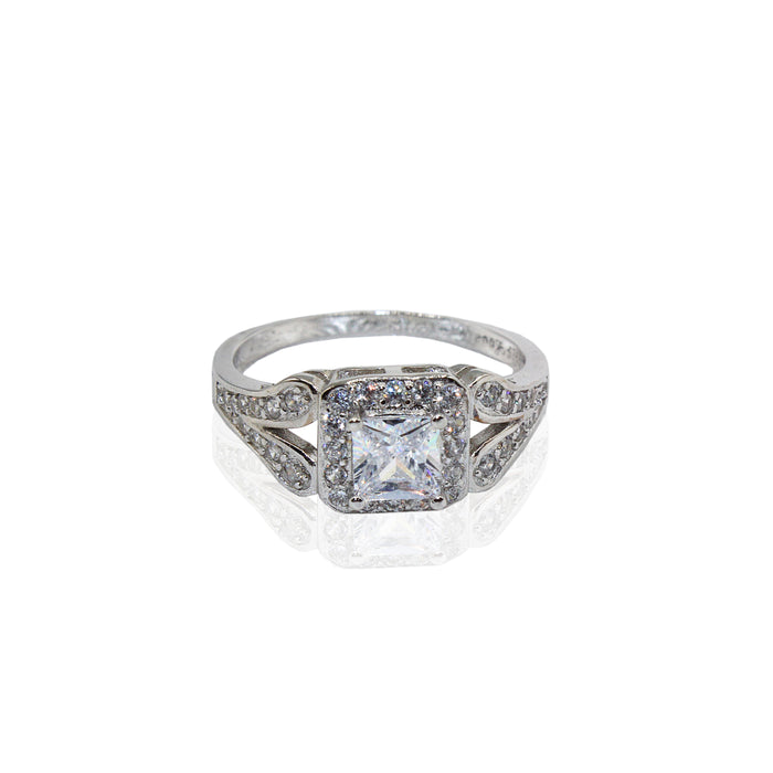 Square Halo with Traditional Paved Split Shank CZ Sterling Silver Ring
