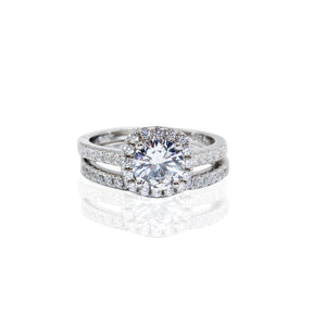 Cushion Cut Halo with Paved CZ Duo Set Sterling Silver Ring