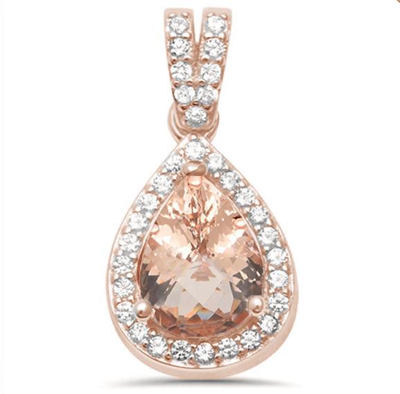 Pear-Shaped Morganite with CZ Accents Rose Gold Plated Sterling Silver Necklace