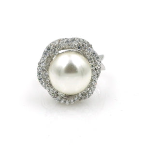 Rhodium CZ Large Pearl Floral Fashion Ring