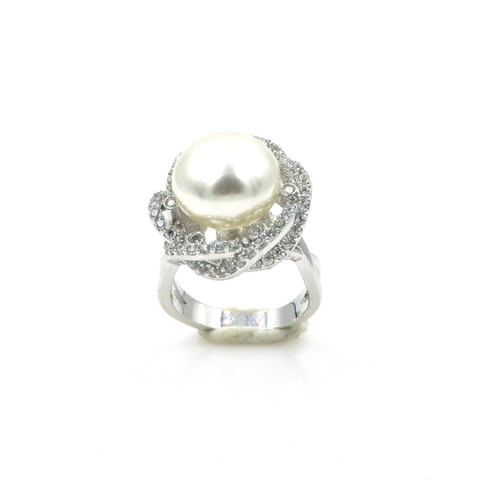 Rhodium CZ Large Pearl Floral Fashion Ring