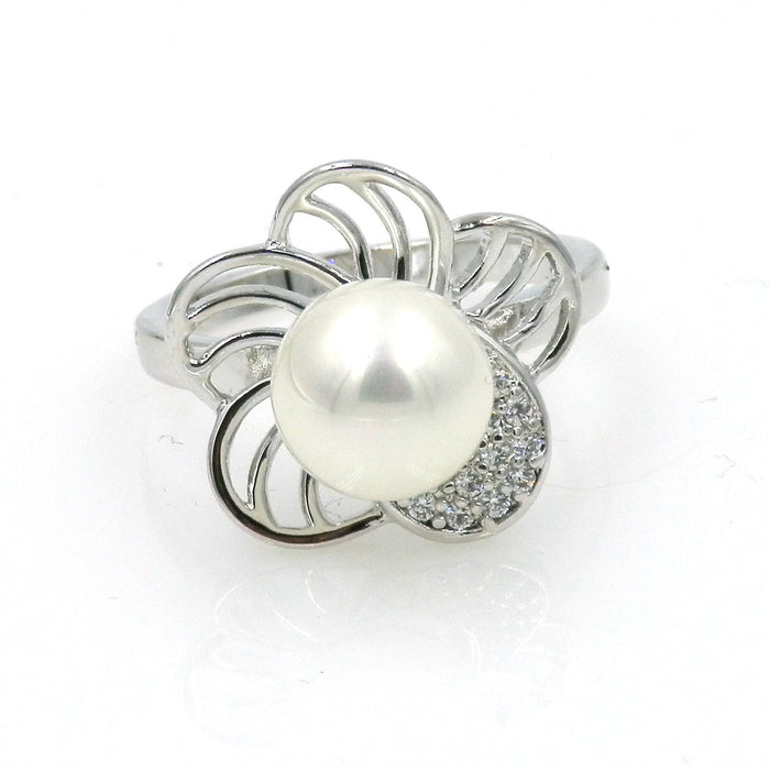 Rhodium Floral CZ Pearl Ring