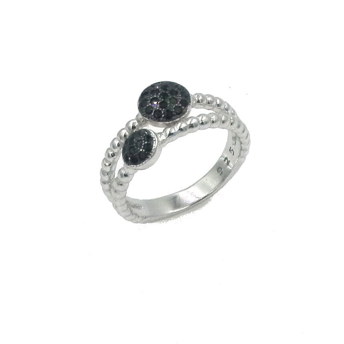 Double Black Round CZ Rope Sterling Silver Ring